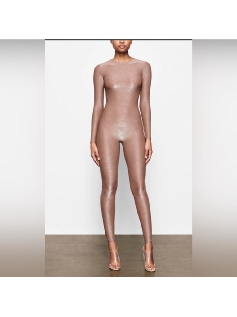 SKIMS Shimmer Long-Sleeve Copper Metallic Catsuit
